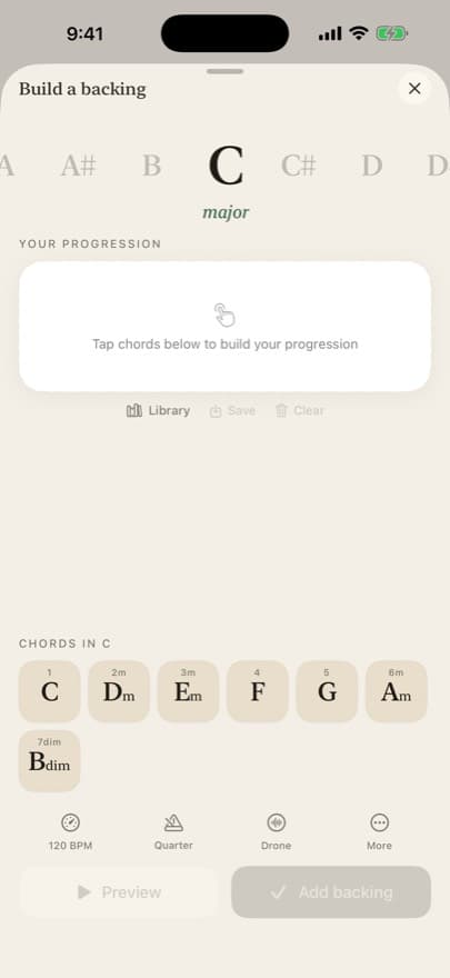The chord builder showing the seven chords in the key of C