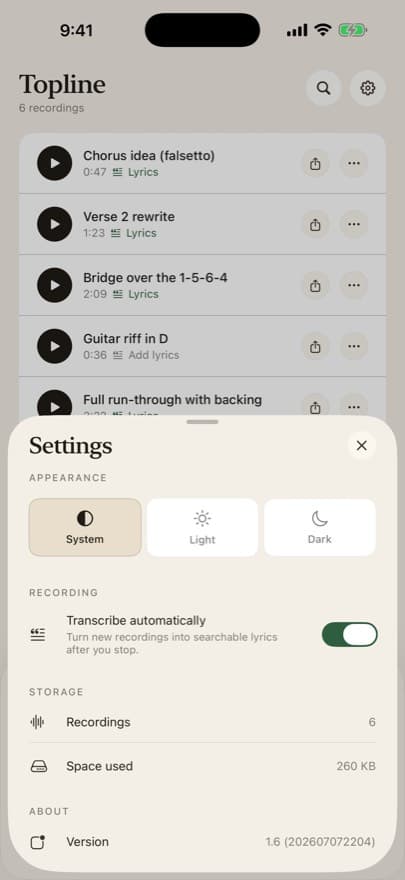 Settings sheet with appearance, transcription and storage